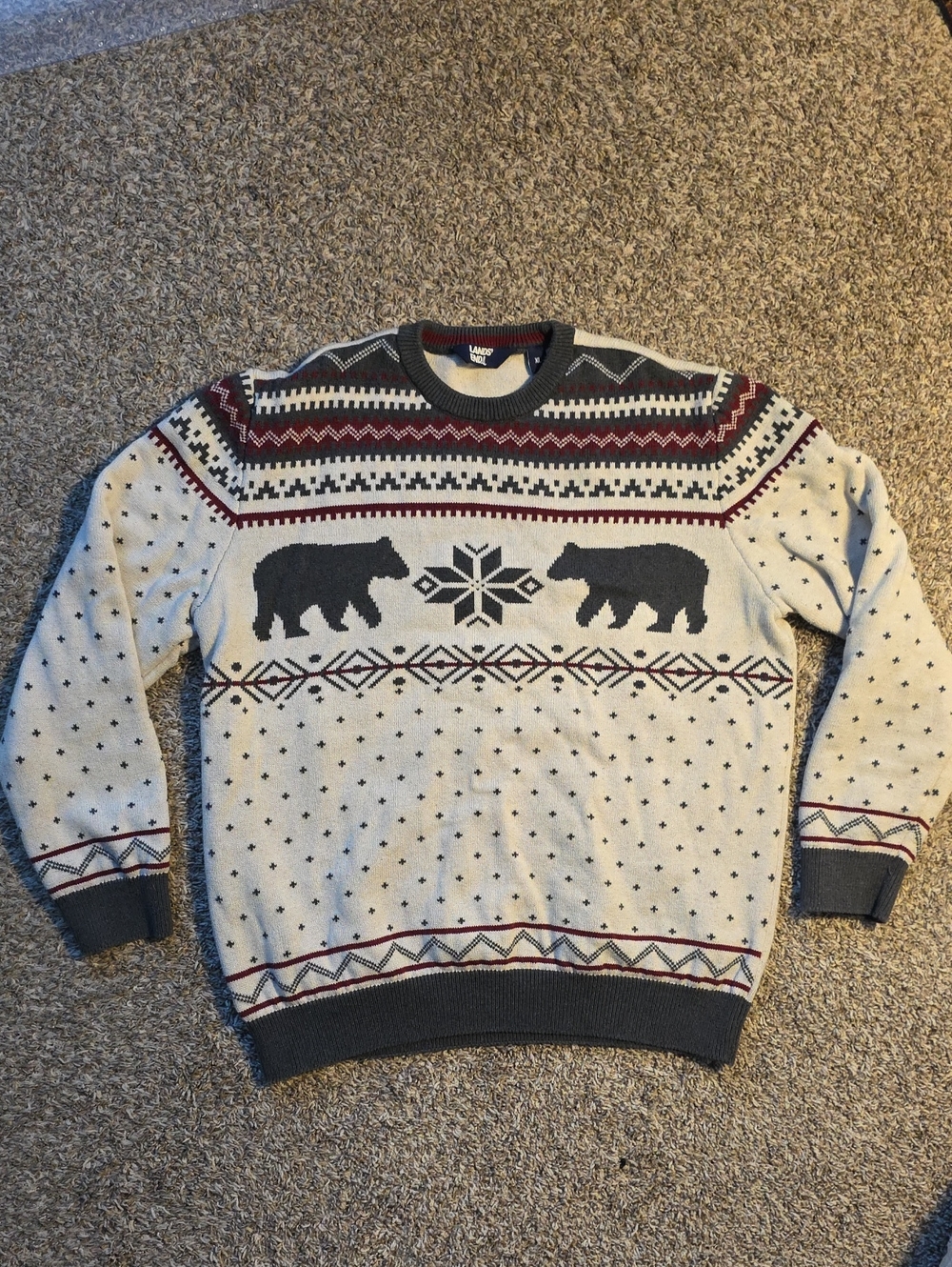 Lands' End Men's Cream Bear Fair Isle Sweater